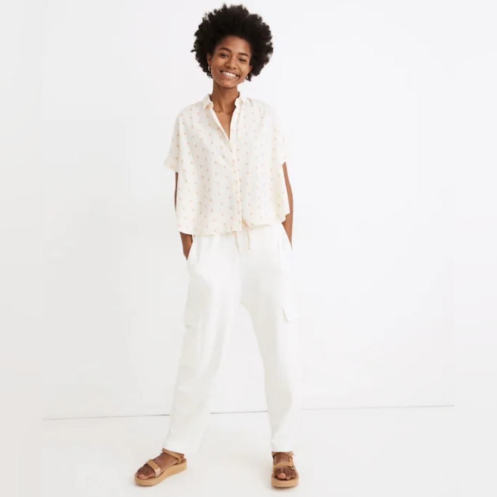 Madewell White & Orange Button Down, Cropped Shirt, Airy, Crinkle Cotton